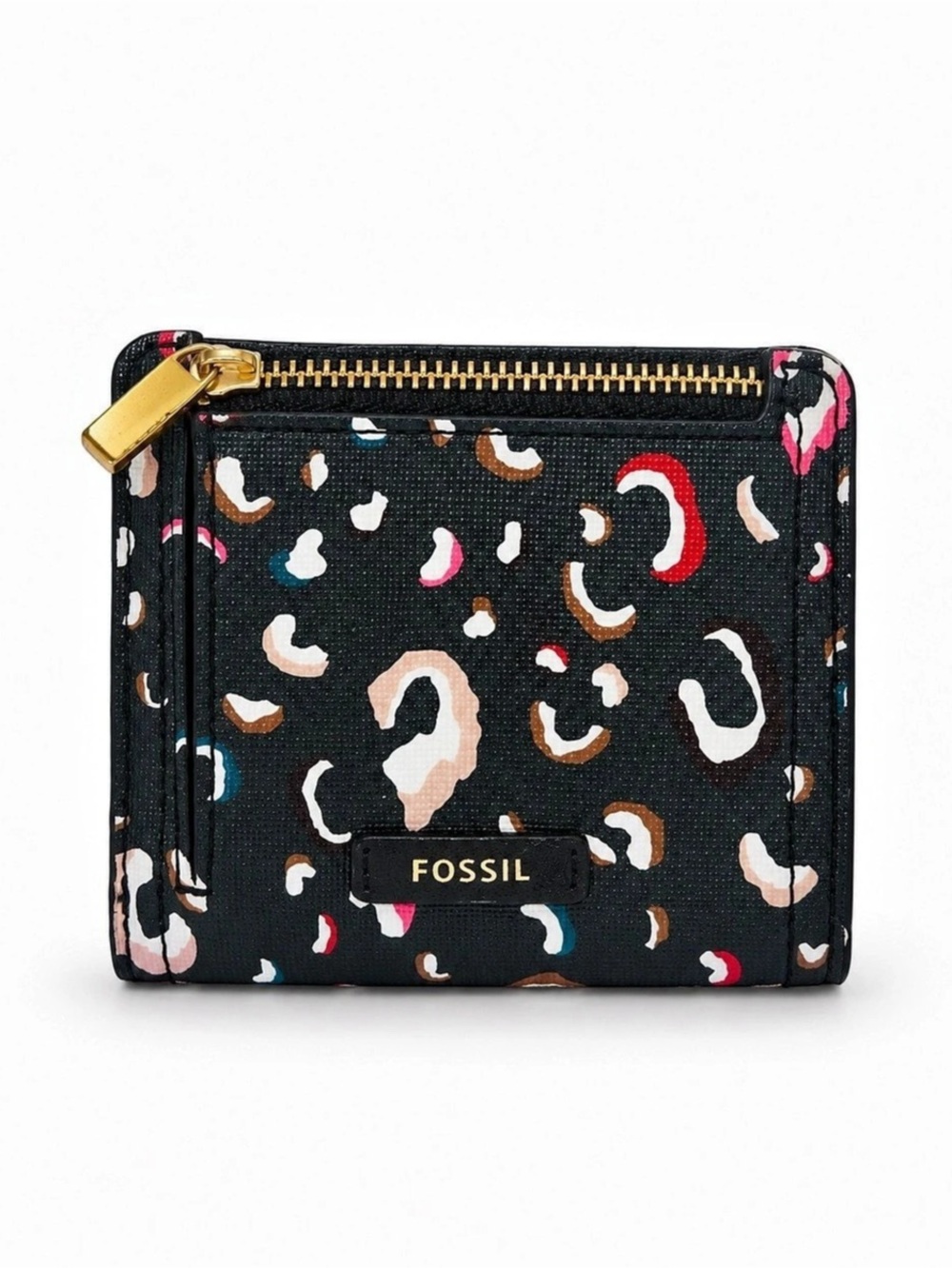 Fossil Black Multicolor Leopard Print Small Bifold Wallet Zip Coin Pocket